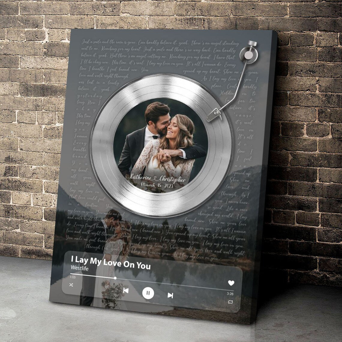 Custom Vinyl Record Wall Art with Song Lyrics Player Bar and Couple Photo
