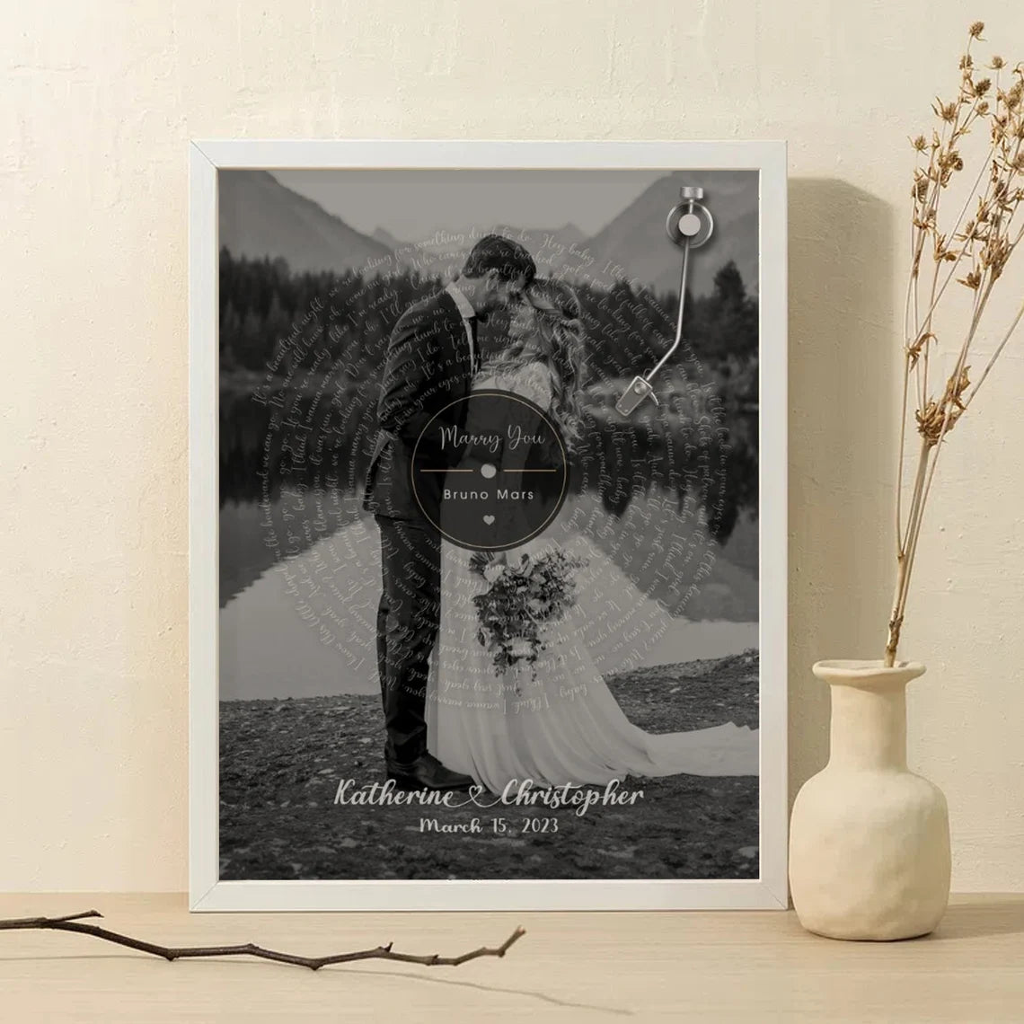 Personalized Vinyl Record Wedding Photo Print – Custom Song Lyrics Wall Art for Couples