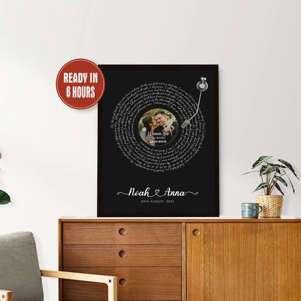 Custom Vinyl Record Wall Art with Photo Song Lyrics Names and Date