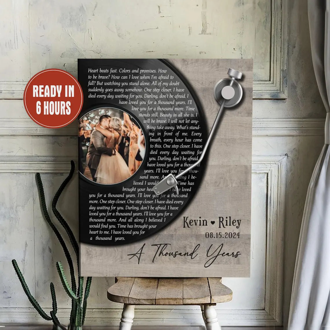 Custom Vinyl Record Wall Art with Song Lyrics Wood Background and Couple Photo