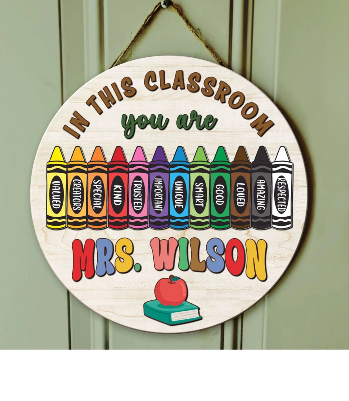 Crayon-Themed Classroom Door Sign – Personalized Teacher Wooden Sign