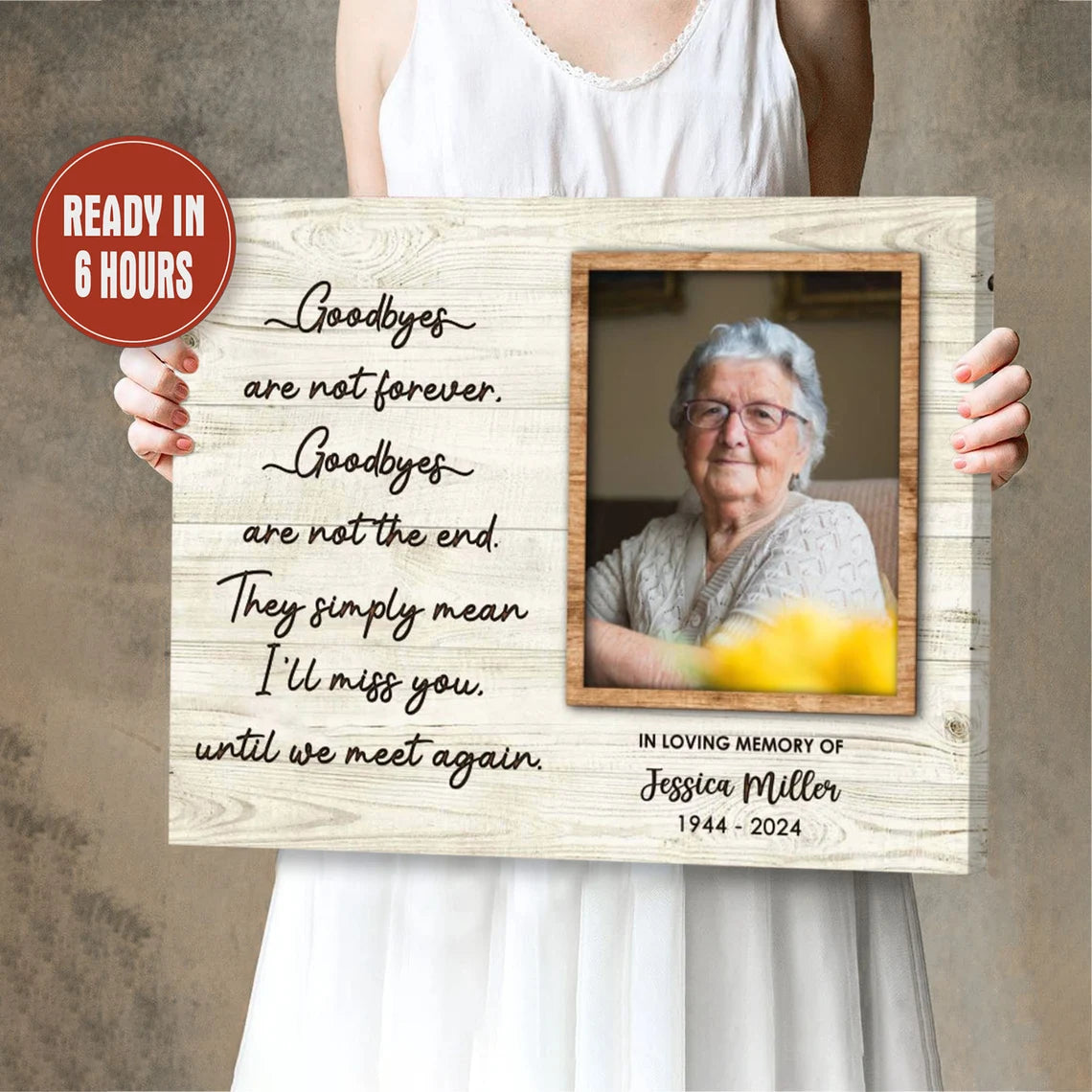 Personalized Memorial Photo Print with Quote Name and Years on Wood Background