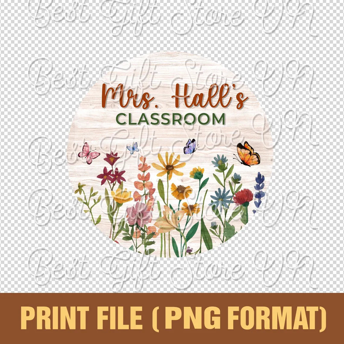 Floral Classroom Door Sign – Personalized Wooden Teacher Name Sign