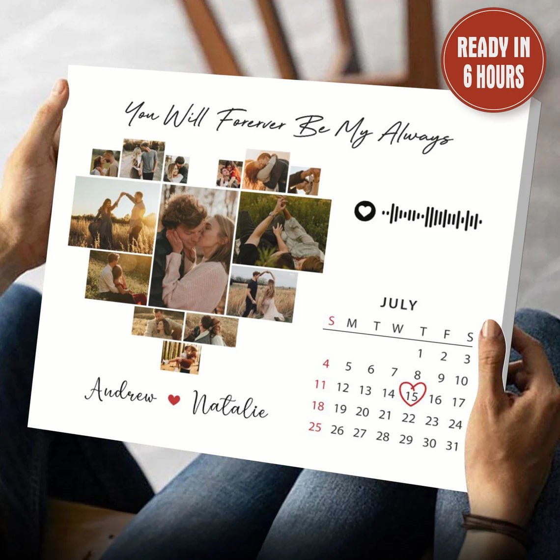 Custom Heart Photo Collage with Calendar and Song Code – Personalized Couple Wall Art Gift