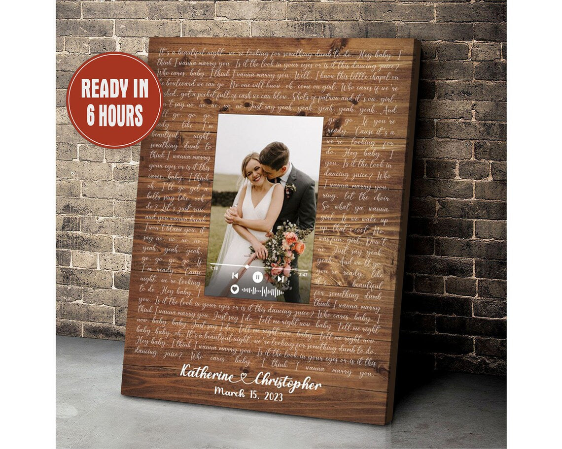 Custom Wedding Song Lyrics Wall Art with Photo and Music Player – Personalized Anniversary Gift