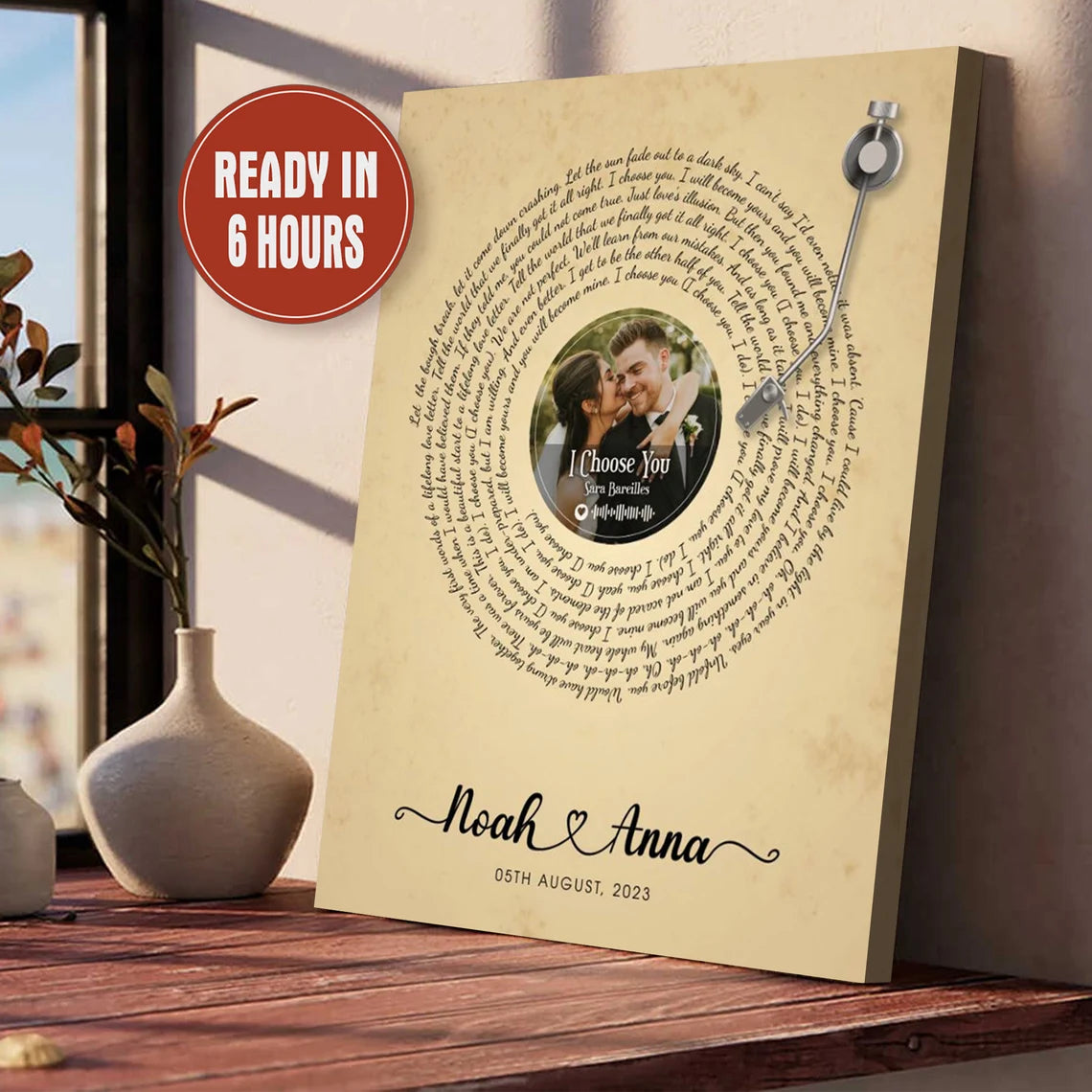 Custom Vinyl Record Wall Art with Photo Song Lyrics Names and Date