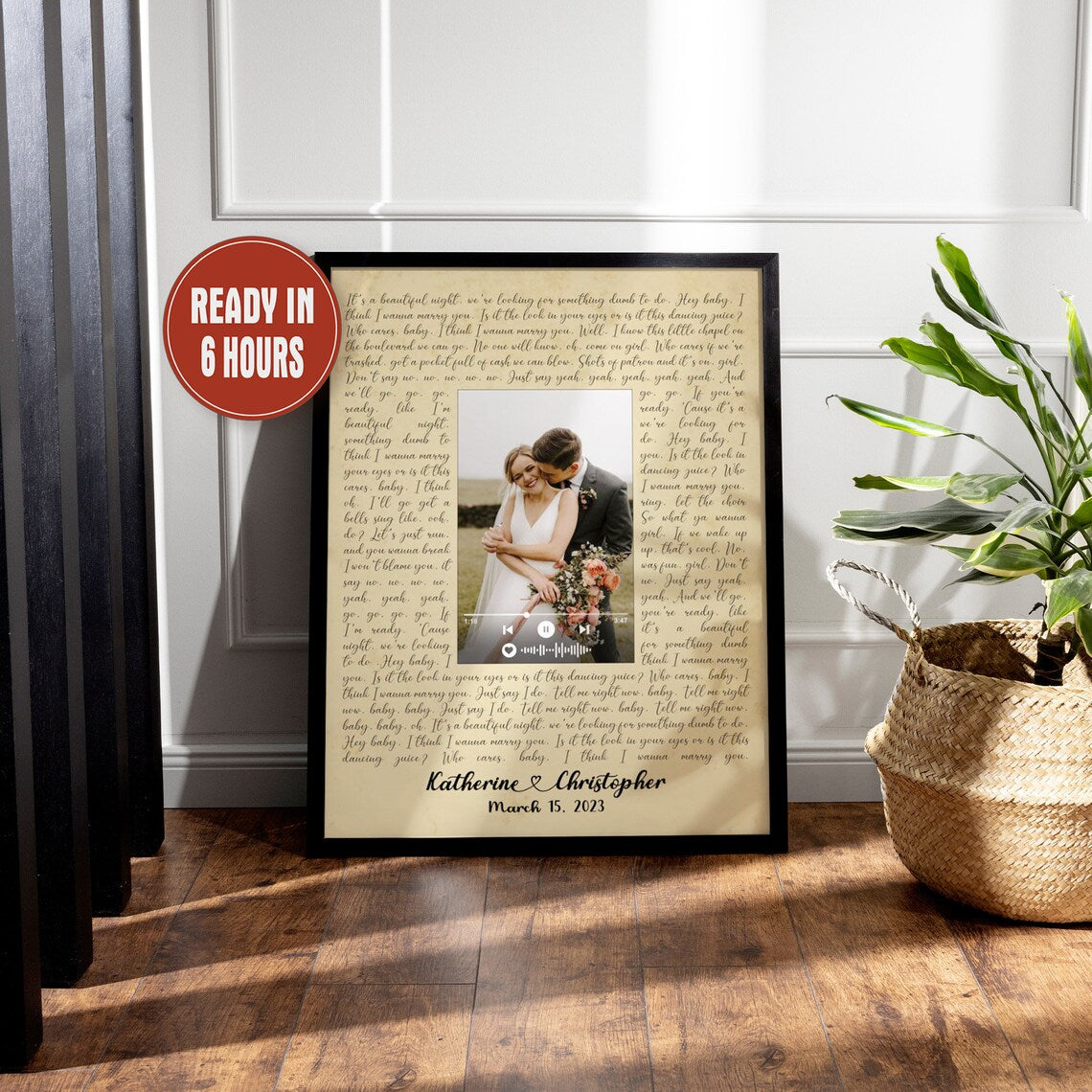 Custom Wedding Song Lyrics Wall Art with Photo and Music Player – Personalized Anniversary Gift