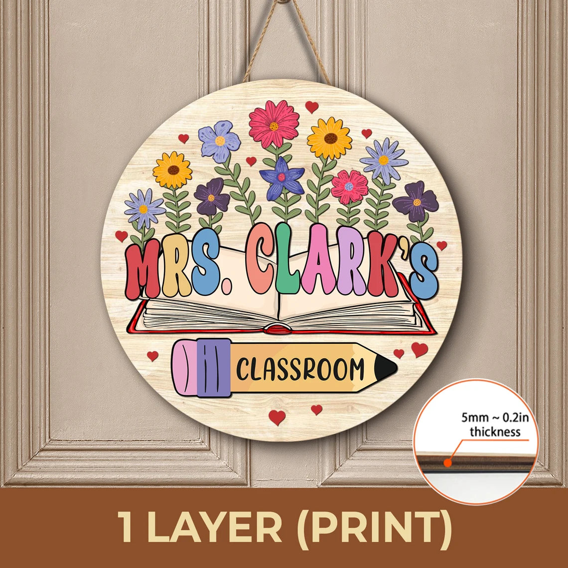 Floral Book-Themed Classroom Door Sign – Personalized Wooden Teacher Sign