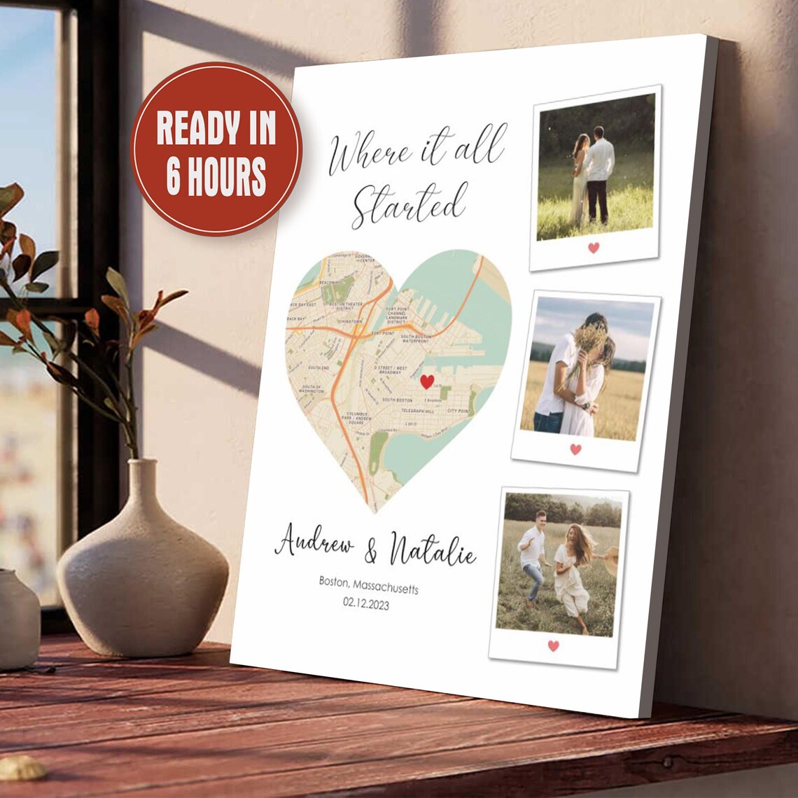 Custom Map Location Print with Couple Photos – Where It All Started Wall Art