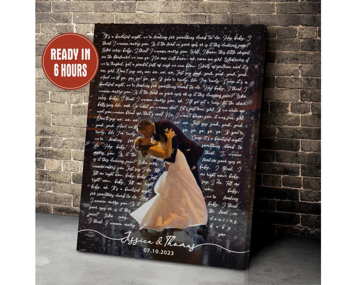 Custom Song Lyrics Photo Overlay Wall Art with Couple Names and Date