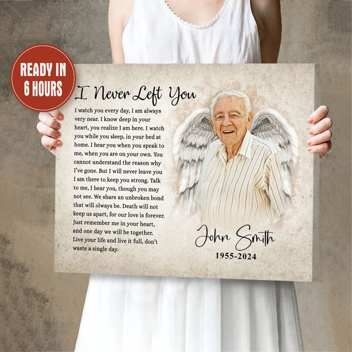 I Never Left You Angel Wings Memorial Portrait Custom Remembrance Print