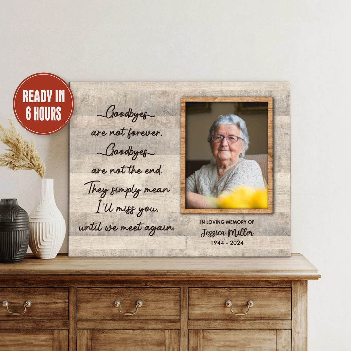 Personalized Memorial Photo Print with Quote Name and Years on Wood Background