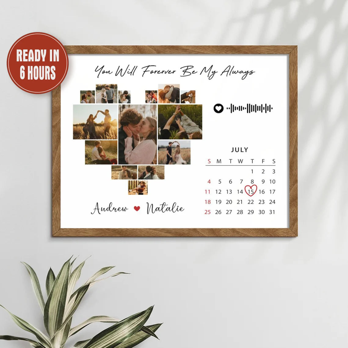 Custom Heart Photo Collage with Calendar and Song Code – Personalized Couple Wall Art Gift