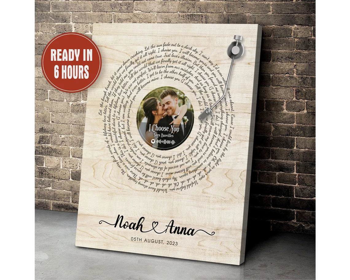 Custom Vinyl Record Wall Art with Photo Song Lyrics Names and Date