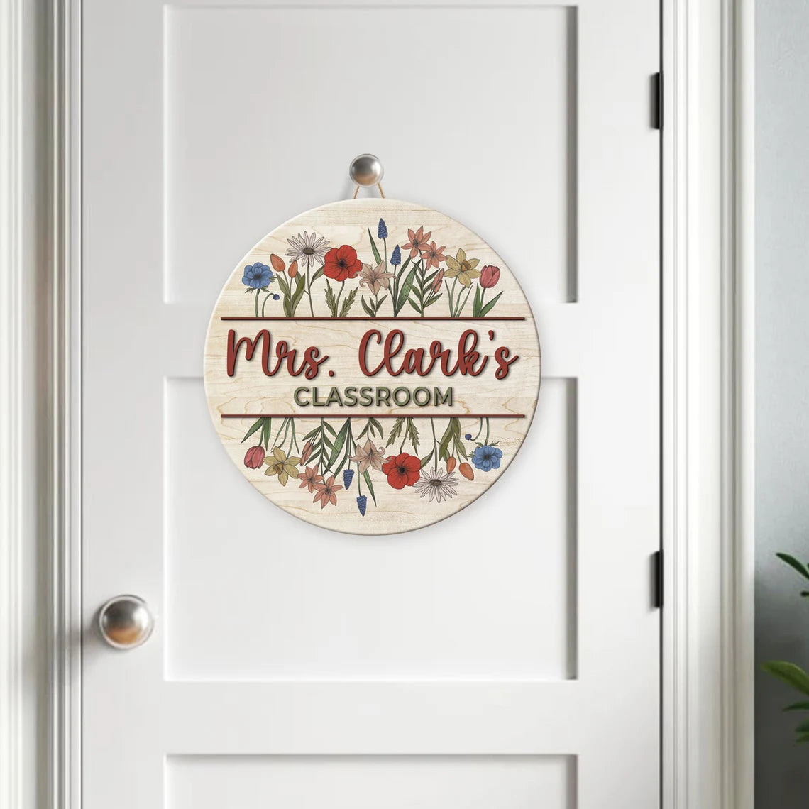Vintage Floral Teacher Door Sign – Personalized Wooden Classroom Decor