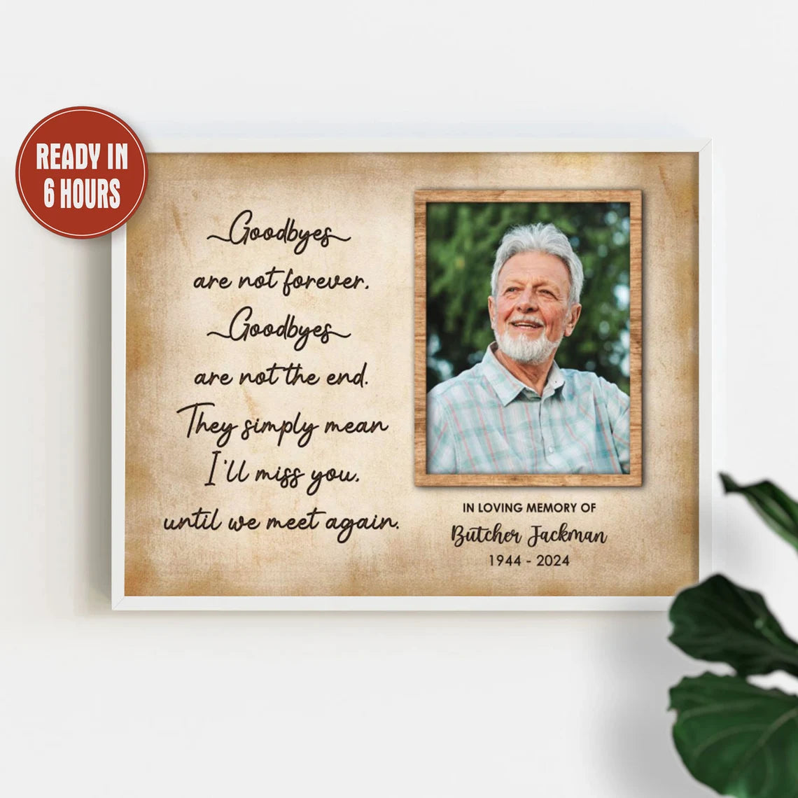 Personalized Memorial Photo Print with Quote Name and Years on Wood Background