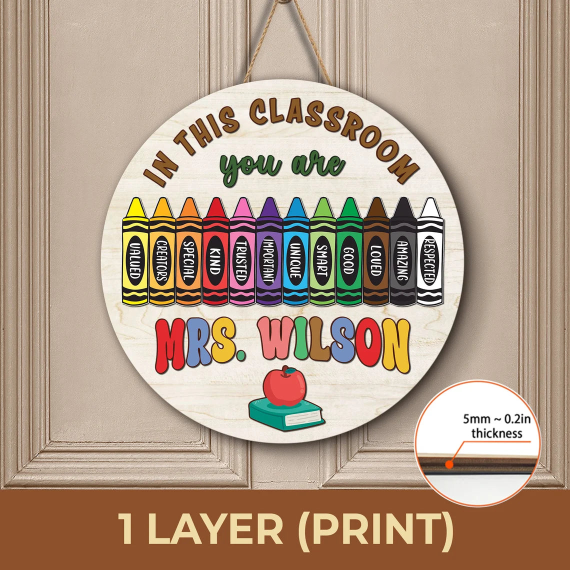 Crayon-Themed Classroom Door Sign – Personalized Teacher Wooden Sign