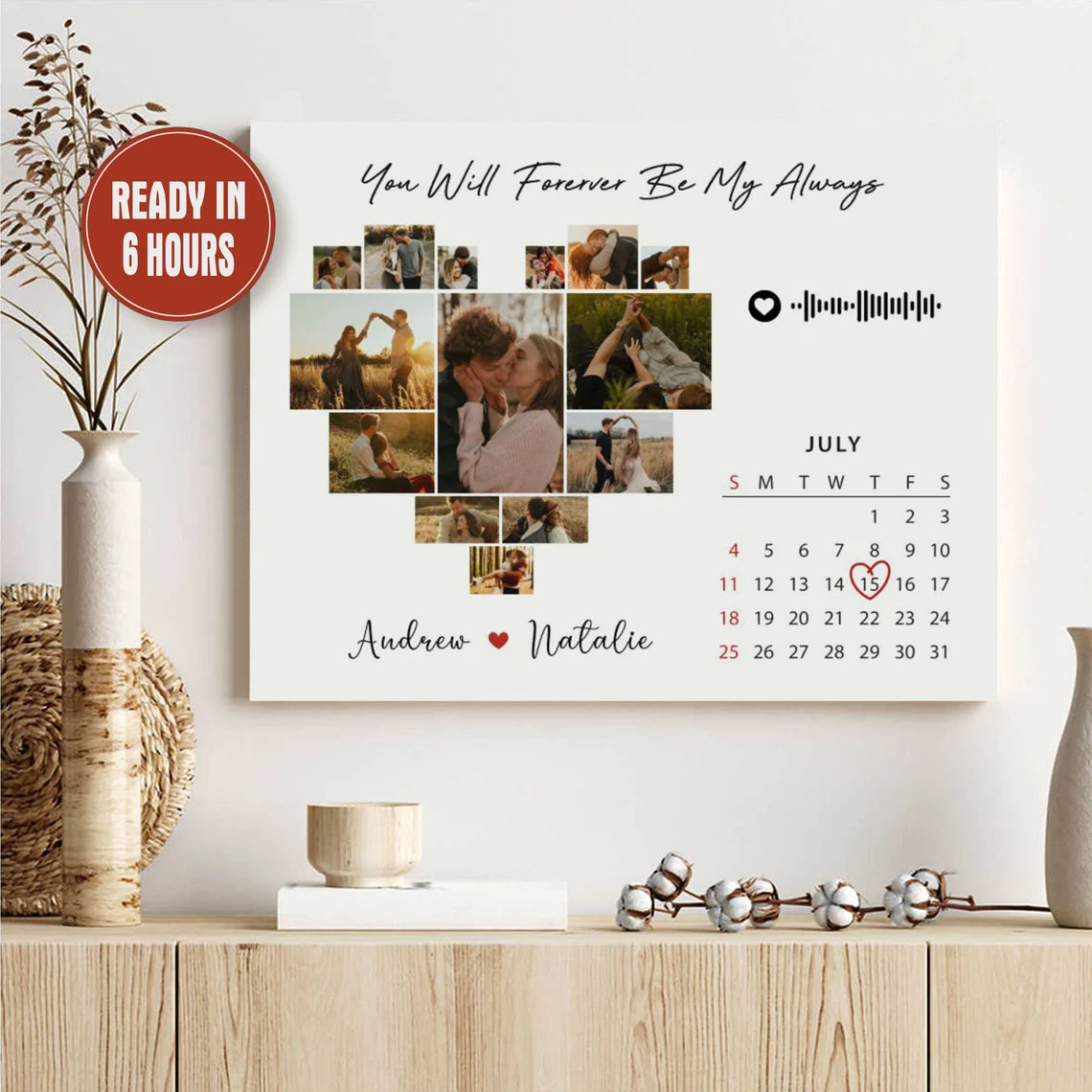 Custom Heart Photo Collage with Calendar and Song Code – Personalized Couple Wall Art Gift