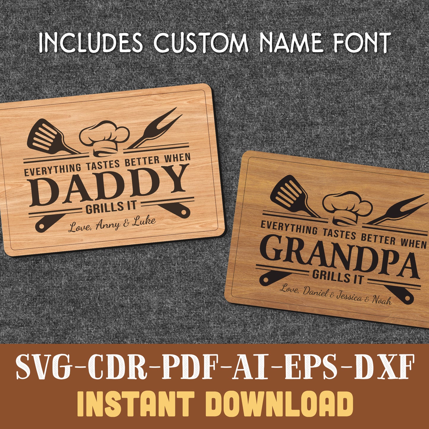 Personalized BBQ Cutting Board SVG File – Dad & Grandpa Grill Gift – Laser Engraving Design