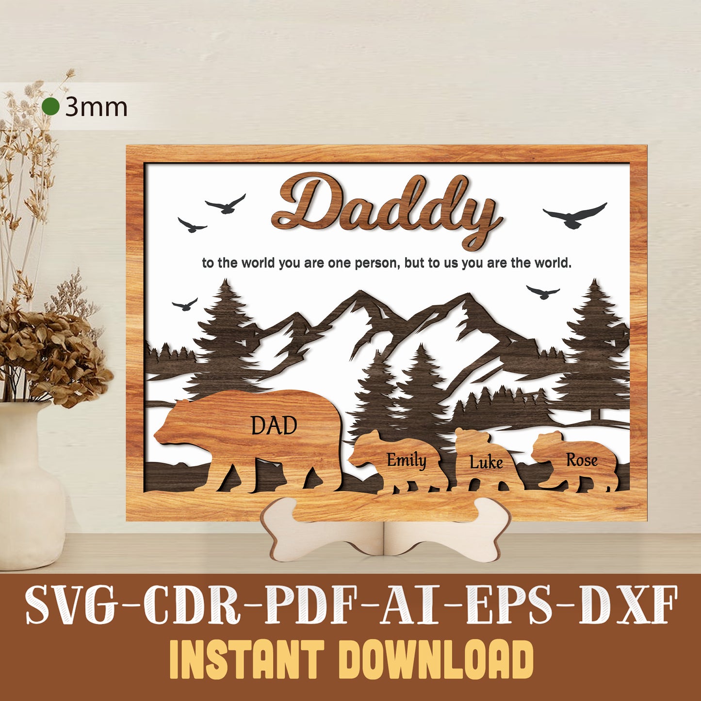 Daddy Bear Family Personalized Laser Cut File SVG for Fathers Day Digital Download for Glowforge and Cricut