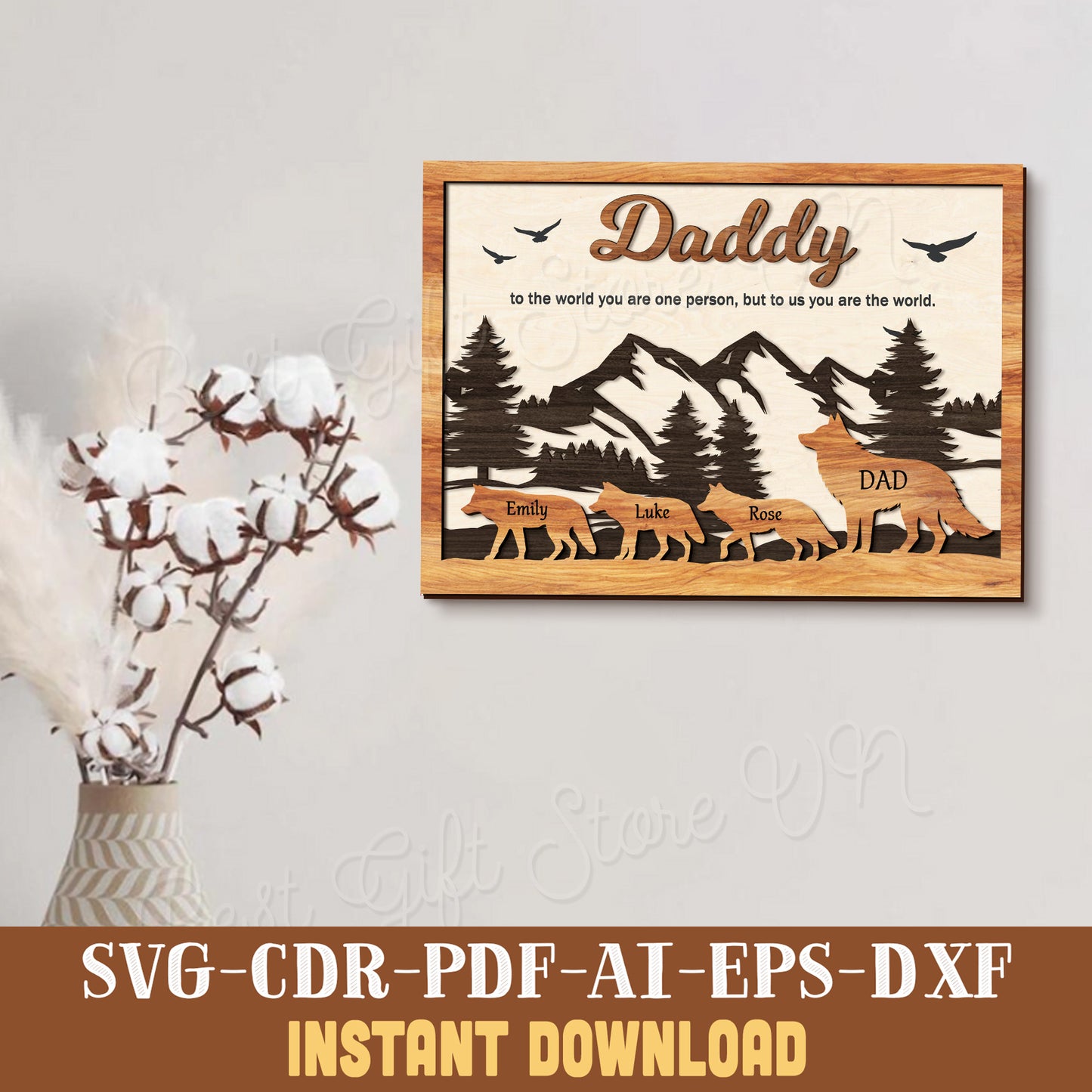 Daddy Wolf Family Laser Cut File SVG for Fathers Day Gift Digital Download for Glowforge and Cricut