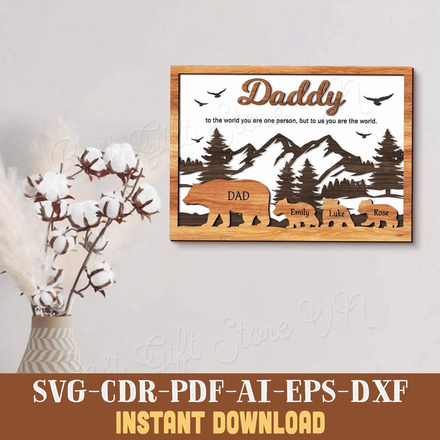 Daddy Bear Family Personalized Laser Cut File SVG for Fathers Day Digital Download for Glowforge and Cricut