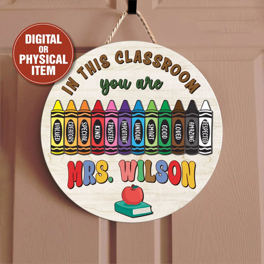 Crayon-Themed Classroom Door Sign – Personalized Teacher Wooden Sign