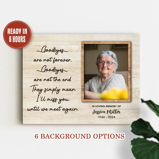 Personalized Memorial Photo Print with Quote Name and Years on Wood Background