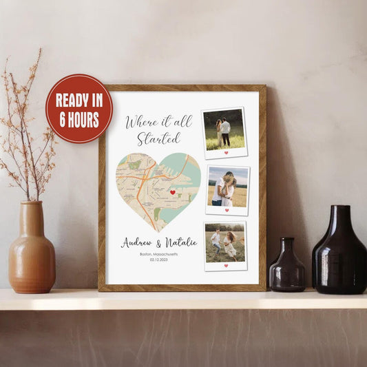 Custom Map Location Print with Couple Photos – Where It All Started Wall Art