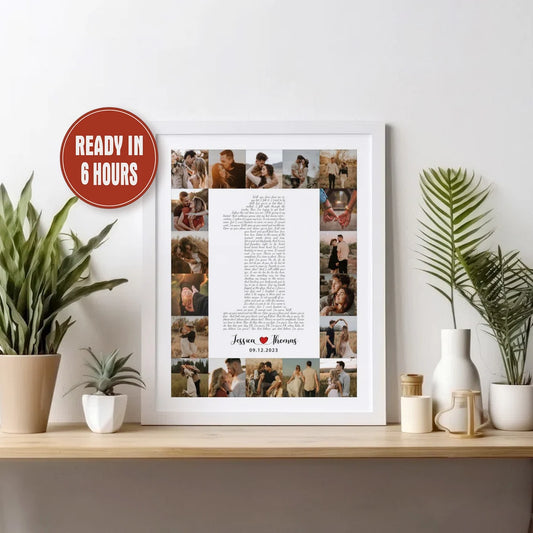 Custom Photo Collage Number Wall Art with Song Lyrics and Names – Personalized Couple Gift