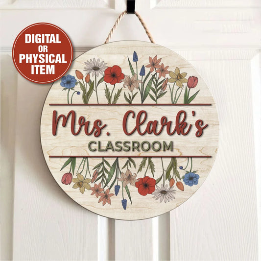 Vintage Floral Teacher Door Sign – Personalized Wooden Classroom Decor