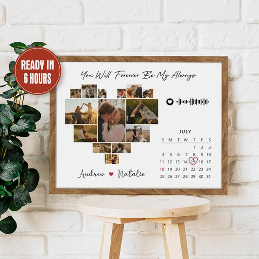 Custom Heart Photo Collage with Calendar and Song Code – Personalized Couple Wall Art Gift