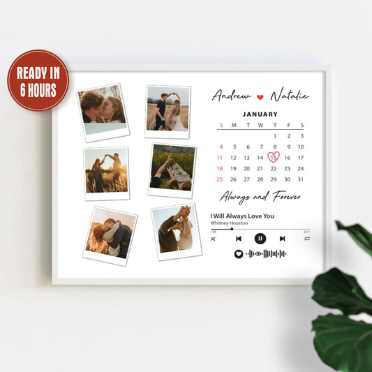 Custom Photo Wall Art with Calendar and Song – Personalized Couple Gift with Names and Date