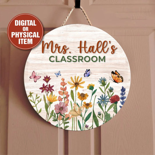 Floral Classroom Door Sign – Personalized Wooden Teacher Name Sign