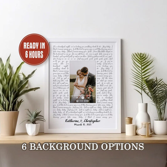 Custom Wedding Song Lyrics Wall Art with Photo and Music Player – Personalized Anniversary Gift