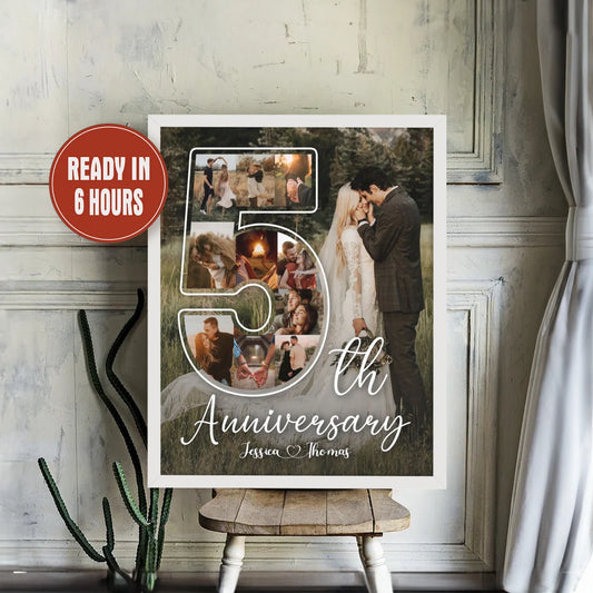 Personalized 5th Anniversary Photo Collage – Custom Couple Wall Art Gift