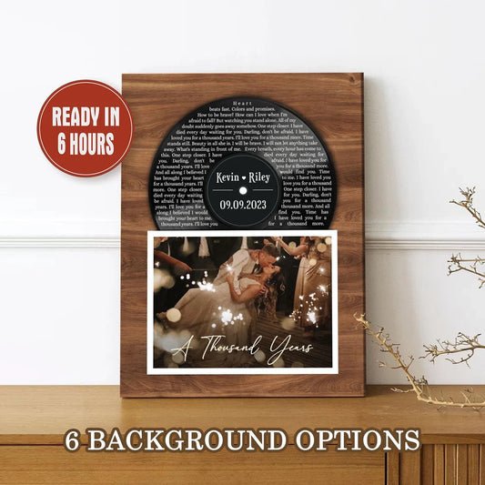 Custom Vinyl Record Wall Art with Wood Background Song Lyrics Photo and Names