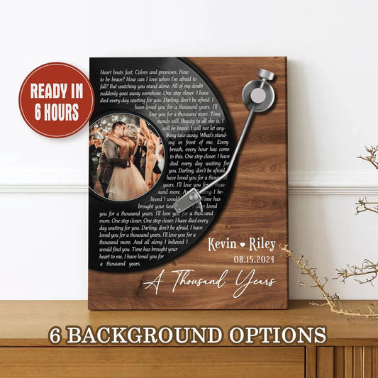 Custom Vinyl Record Wall Art with Song Lyrics Wood Background and Couple Photo