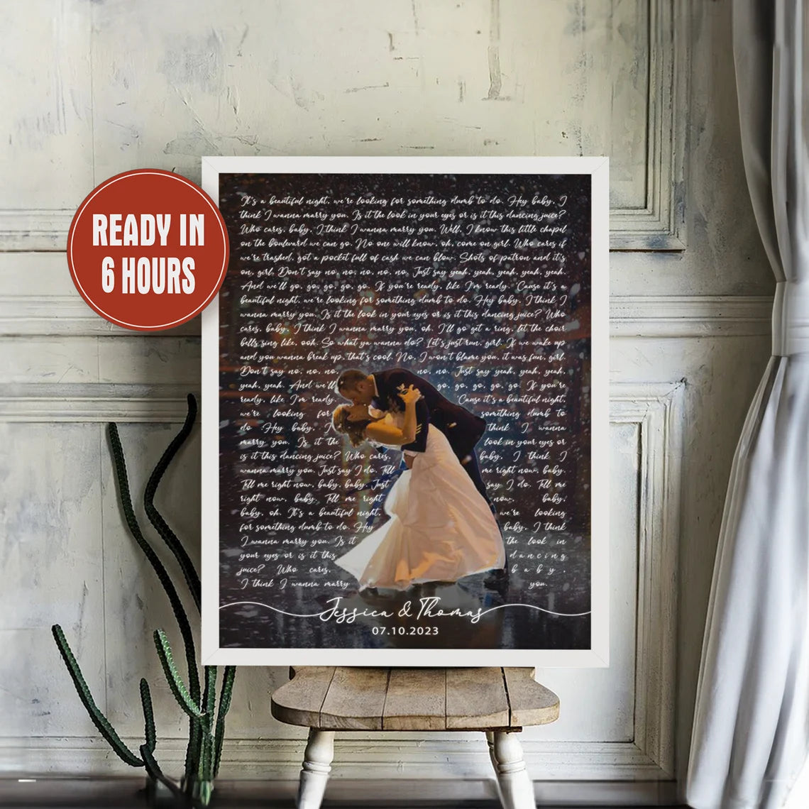 Custom Song Lyrics Photo Overlay Wall Art with Couple Names and Date