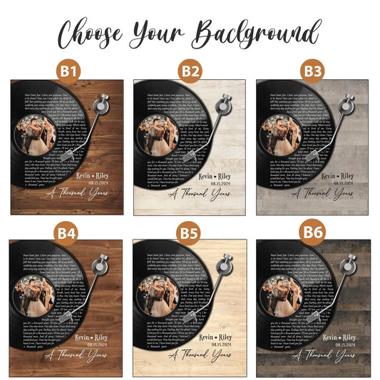 Custom Vinyl Record Wall Art with Song Lyrics Wood Background and Couple Photo