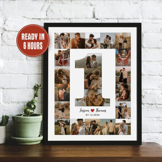Custom 1st Anniversary Number Collage – Personalized Couple Photo Wall Art with Date