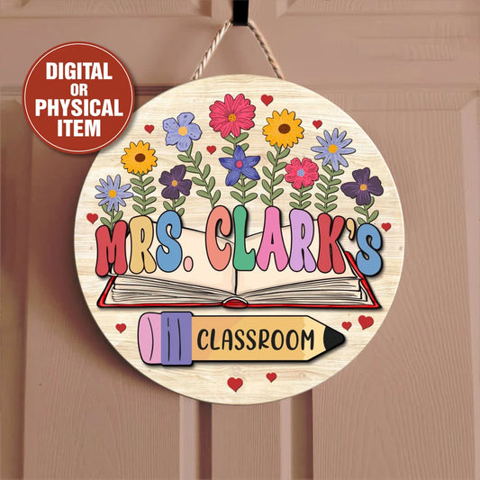 Floral Book-Themed Classroom Door Sign – Personalized Wooden Teacher Sign