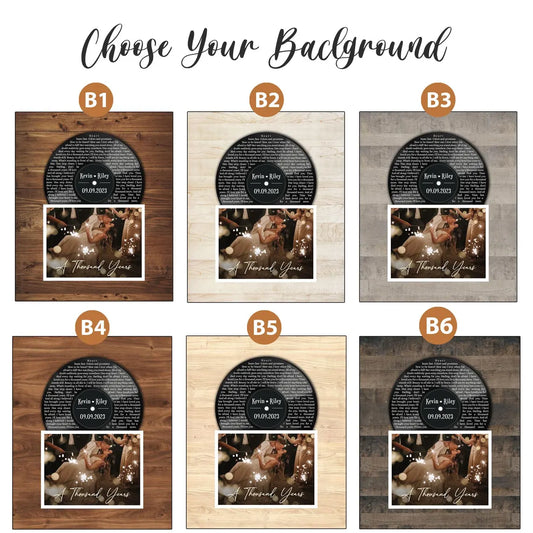 Custom Vinyl Record Wall Art with Wood Background Song Lyrics Photo and Names