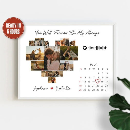 Custom Heart Photo Collage with Calendar and Song Code – Personalized Couple Wall Art Gift