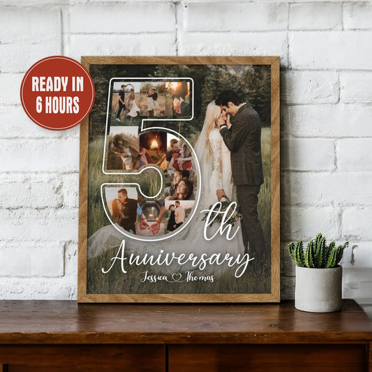 Personalized 5th Anniversary Photo Collage – Custom Couple Wall Art Gift