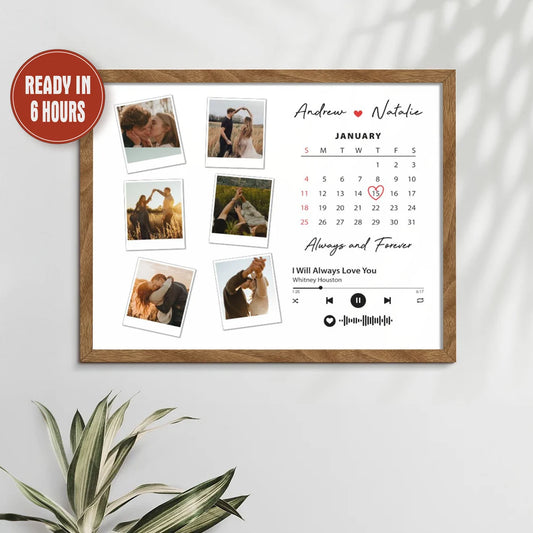 Custom Photo Wall Art with Calendar and Song – Personalized Couple Gift with Names and Date