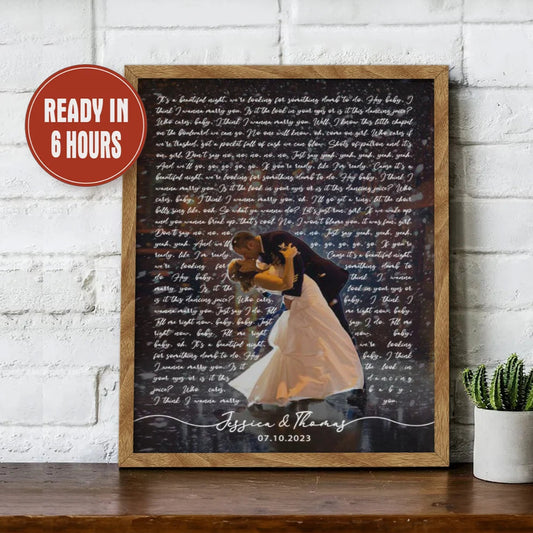 Custom Song Lyrics Photo Overlay Wall Art with Couple Names and Date