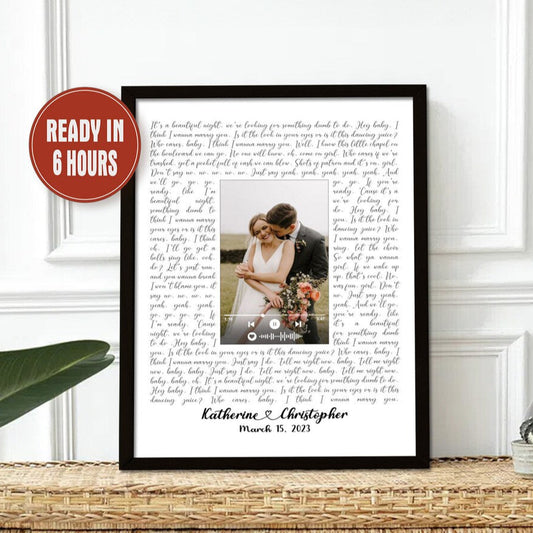 Custom Wedding Song Lyrics Wall Art with Photo and Music Player – Personalized Anniversary Gift