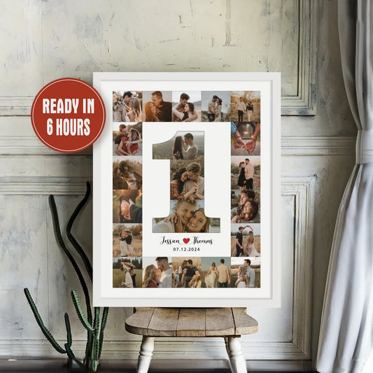 Custom 1st Anniversary Number Collage – Personalized Couple Photo Wall Art with Date