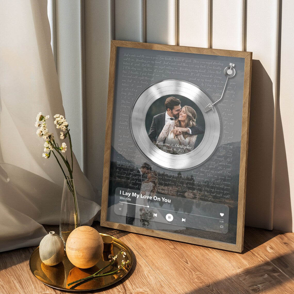 Custom Vinyl Record Wall Art with Song Lyrics Player Bar and Couple Photo